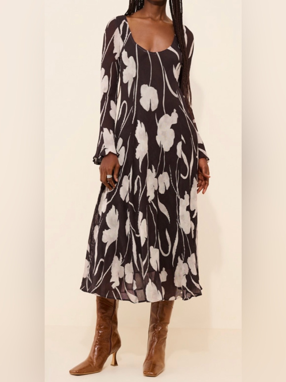 Free People Mari Floral Scoop Neck Midi Dress Chocolate Brown Women’s Size XS